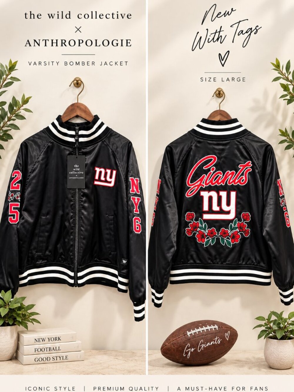 NWT Anthropologie Large The Wild Collective NFL New York Giants Bomber Jacket.